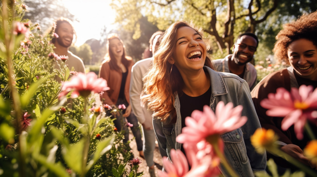 Group of friends walking through park