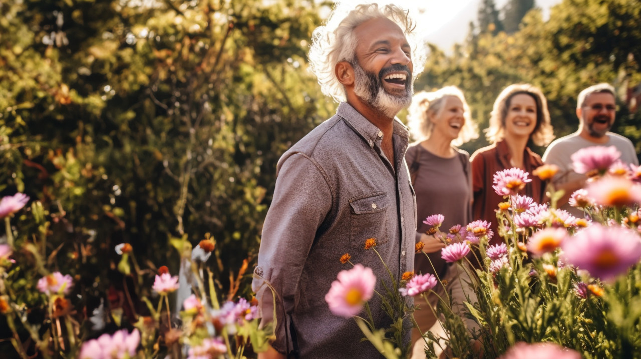 A group of people are walking through a park