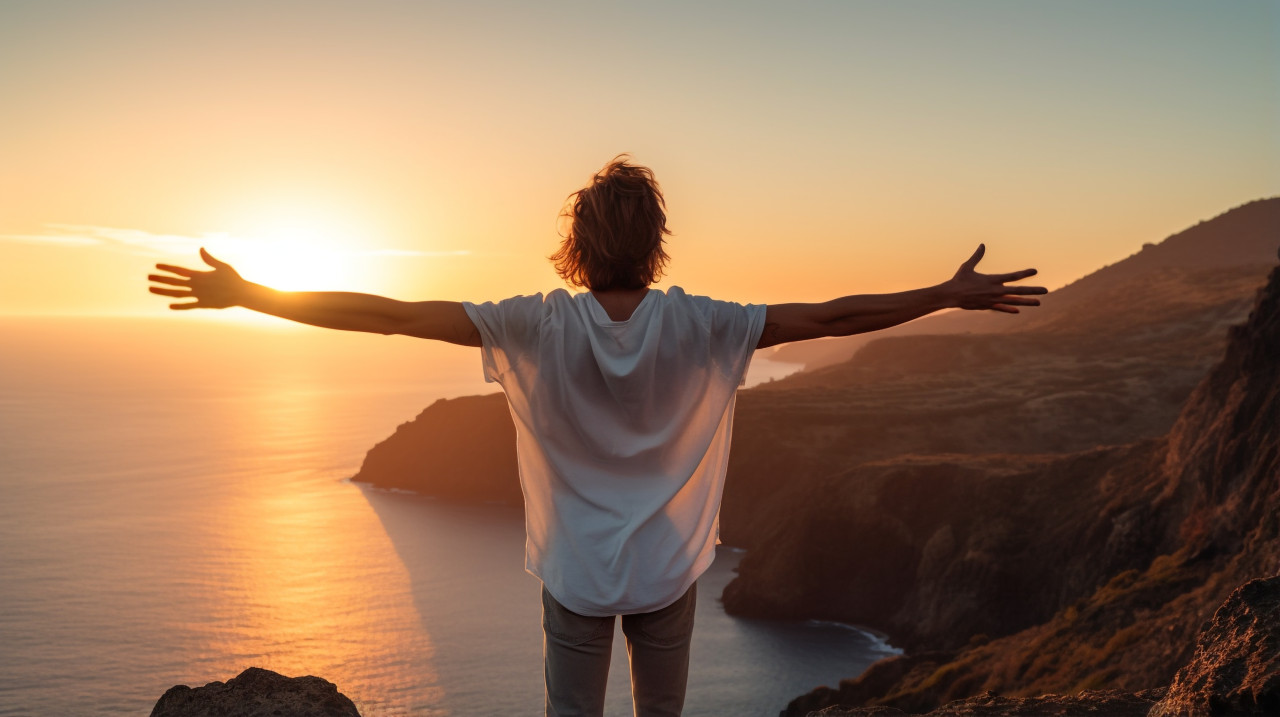 A man standing on a cliff overlooking the ocean