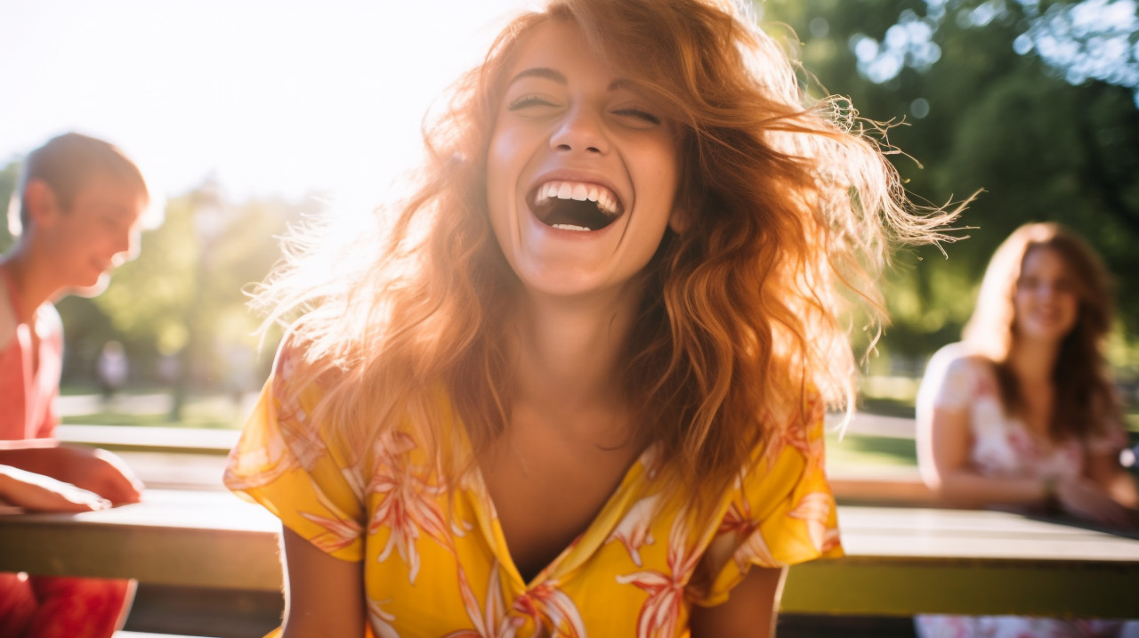 Smiling woman on park bench