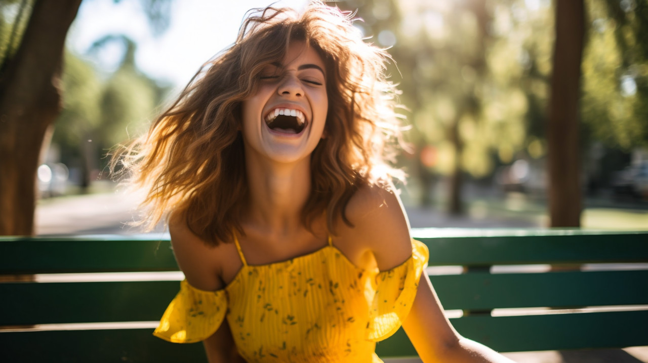 Woman laughing on park bench