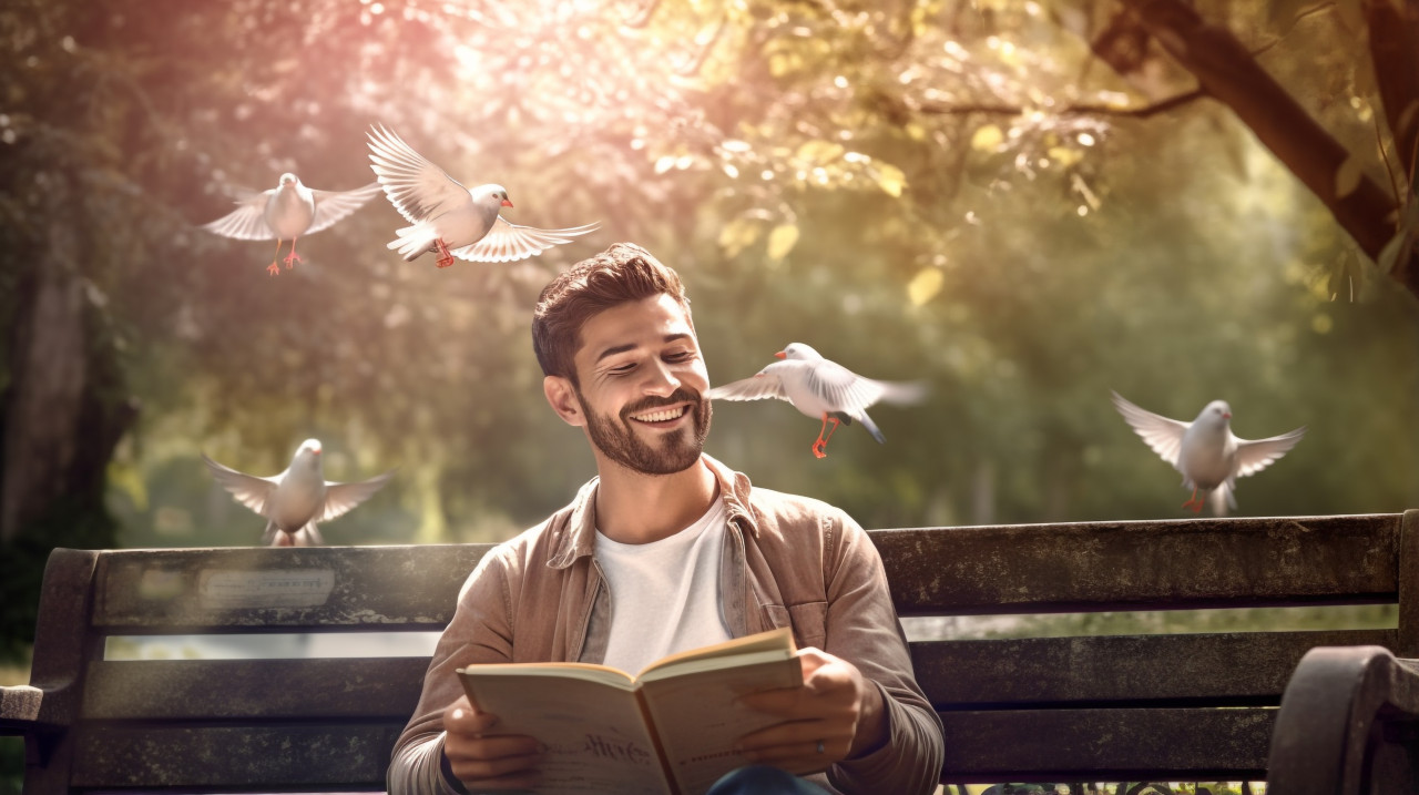 A young man is sitting on a bench in a park