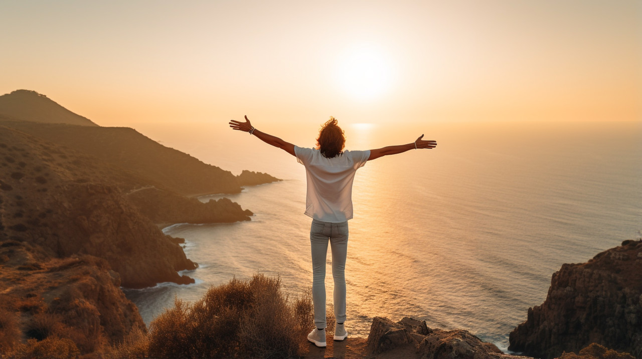 Man on cliff contemplates ocean