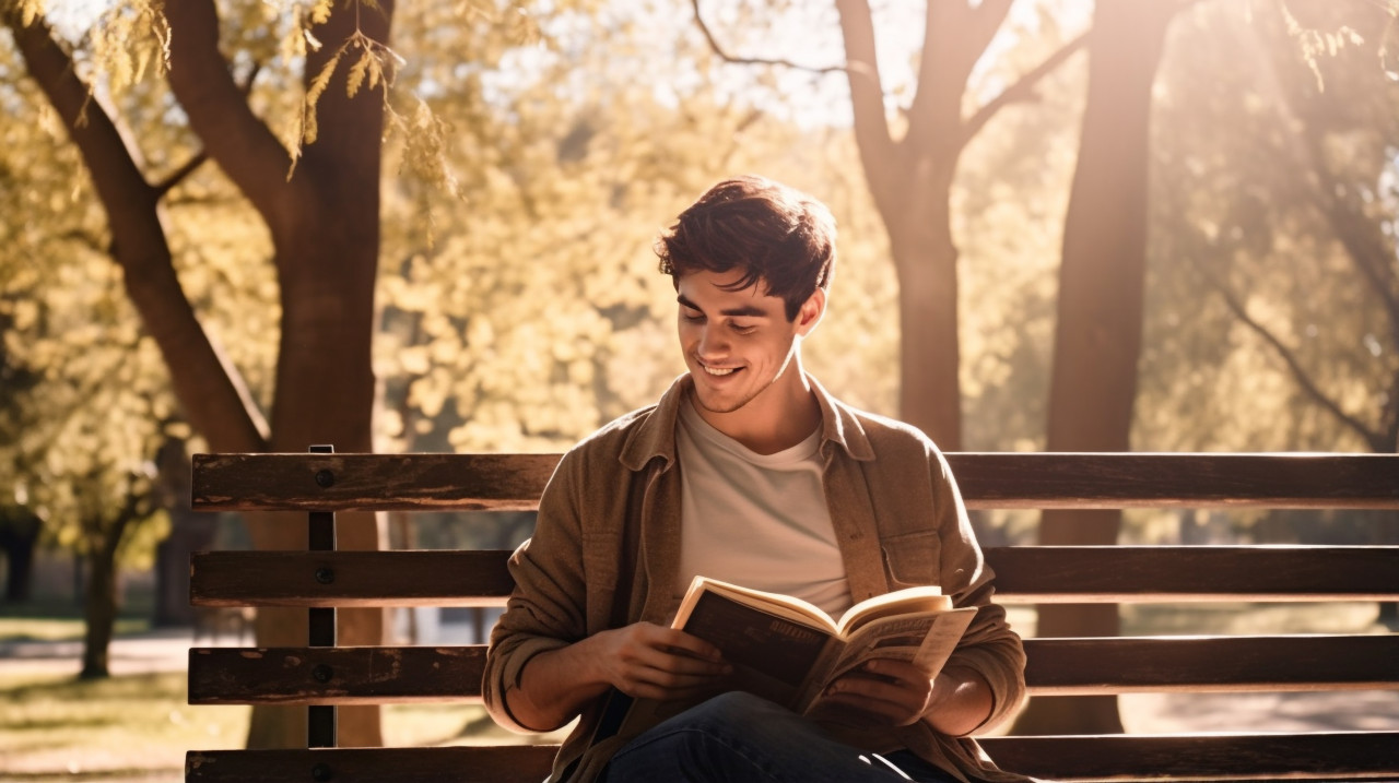 Young person reading a book on a park bench