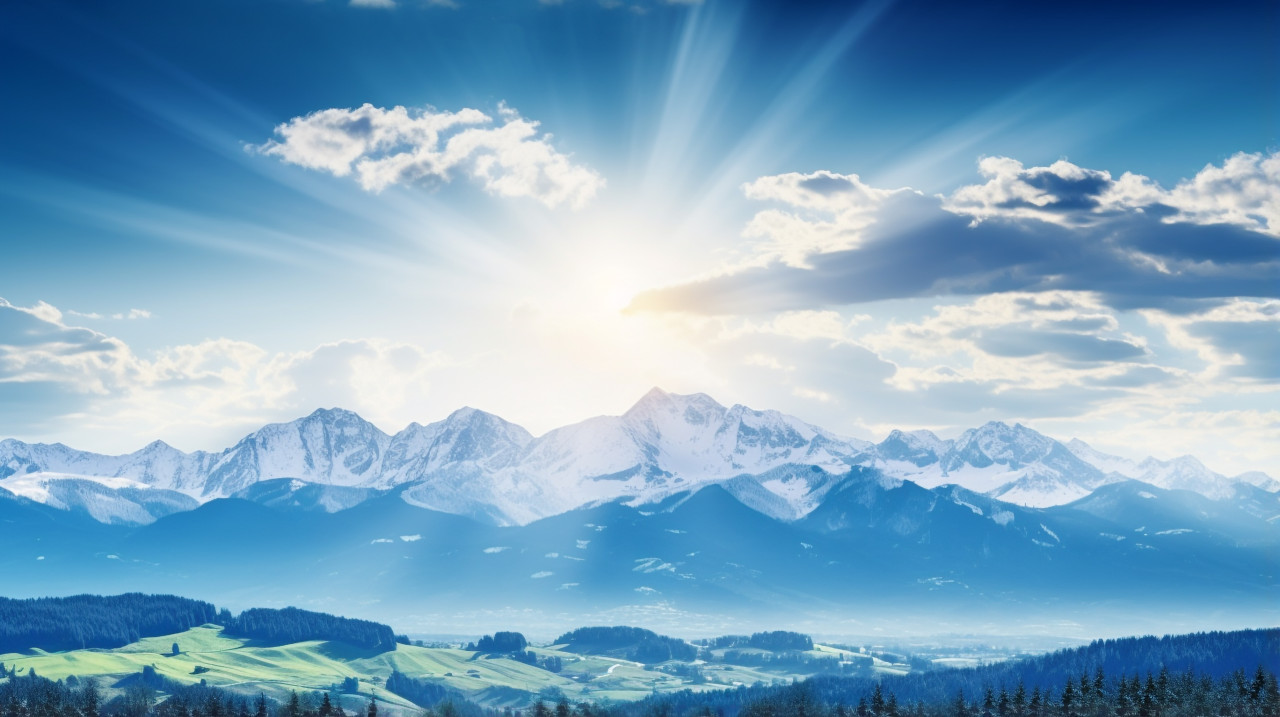 Snow capped peaks in the faraway horizon