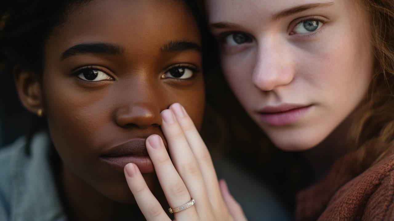 Two friends sharing a secret smile