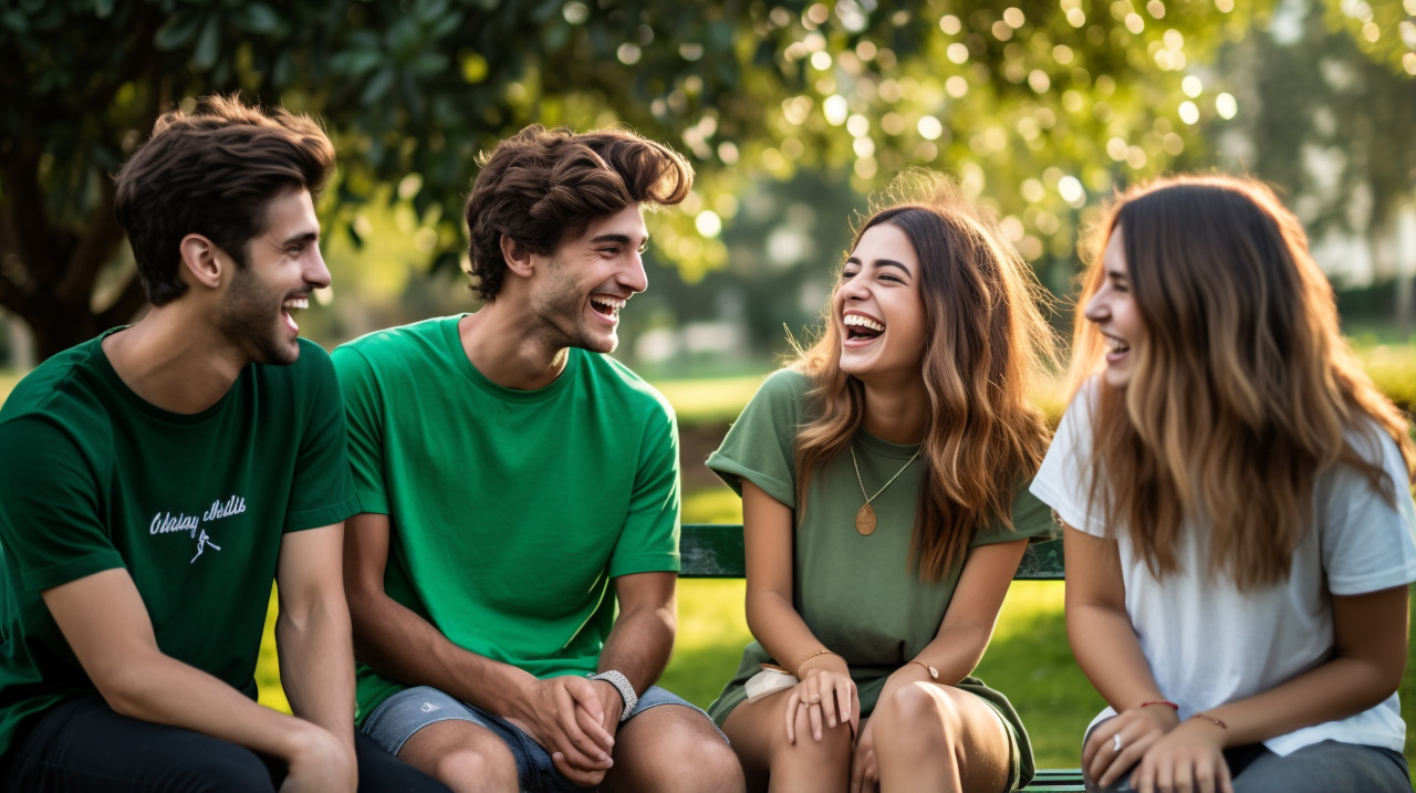 A group of friends sitting on a bench in a park