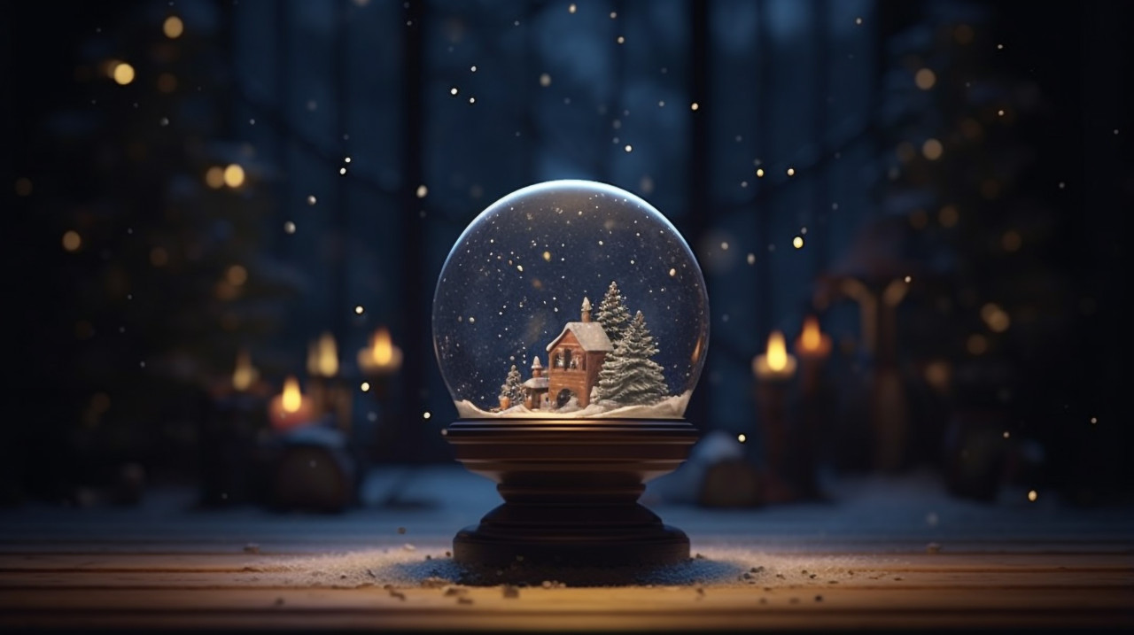 On top of the table there is a christmas snow globe