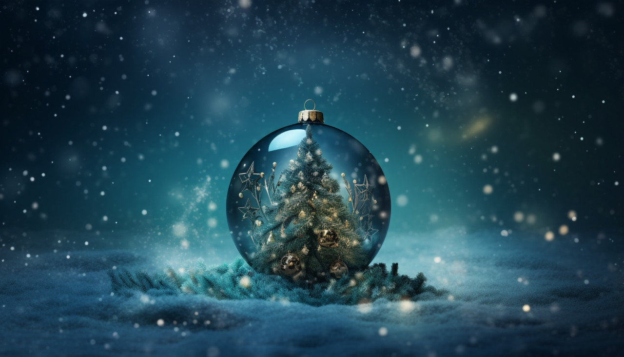 A christmas ball with a tree has been placed in a snowy background