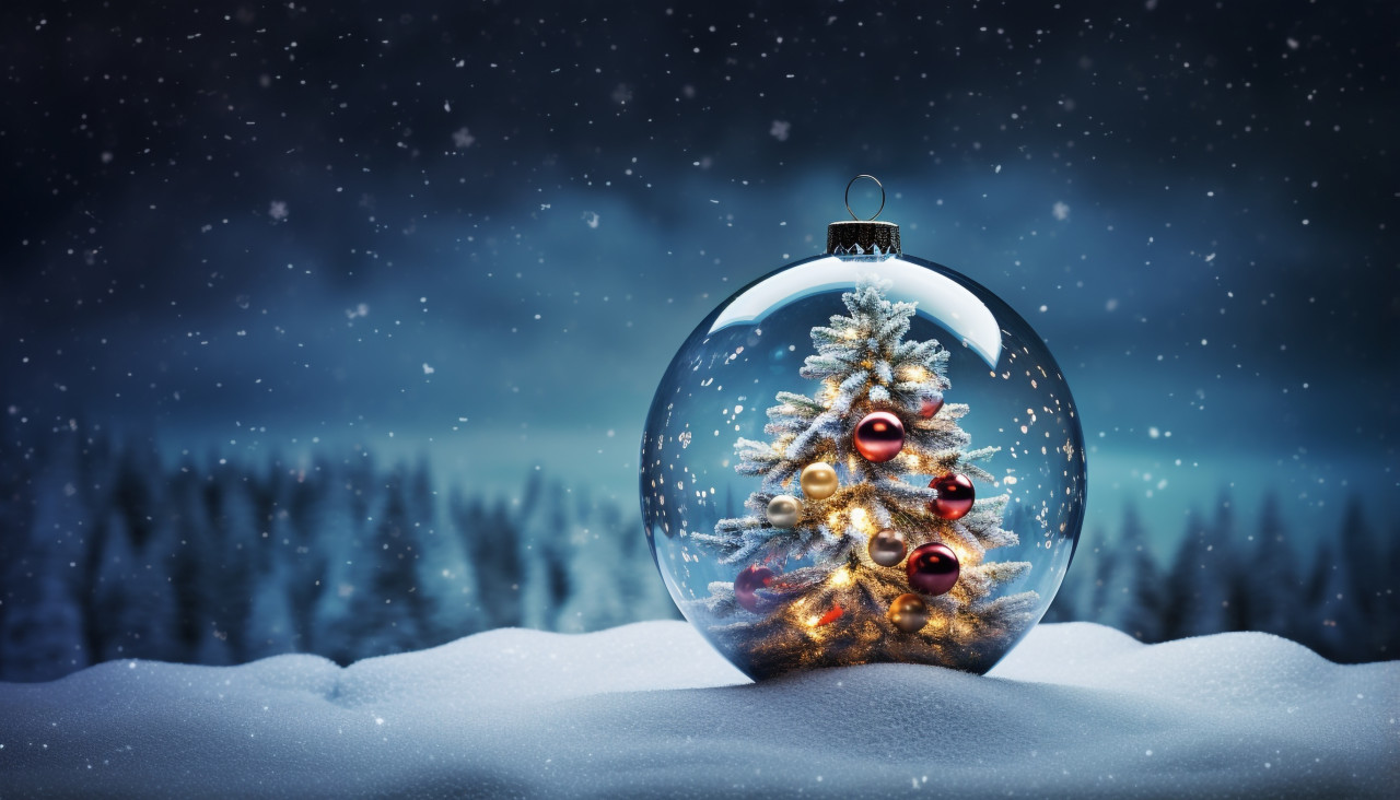 An ornament with a christmas tree on it is sitting on snow