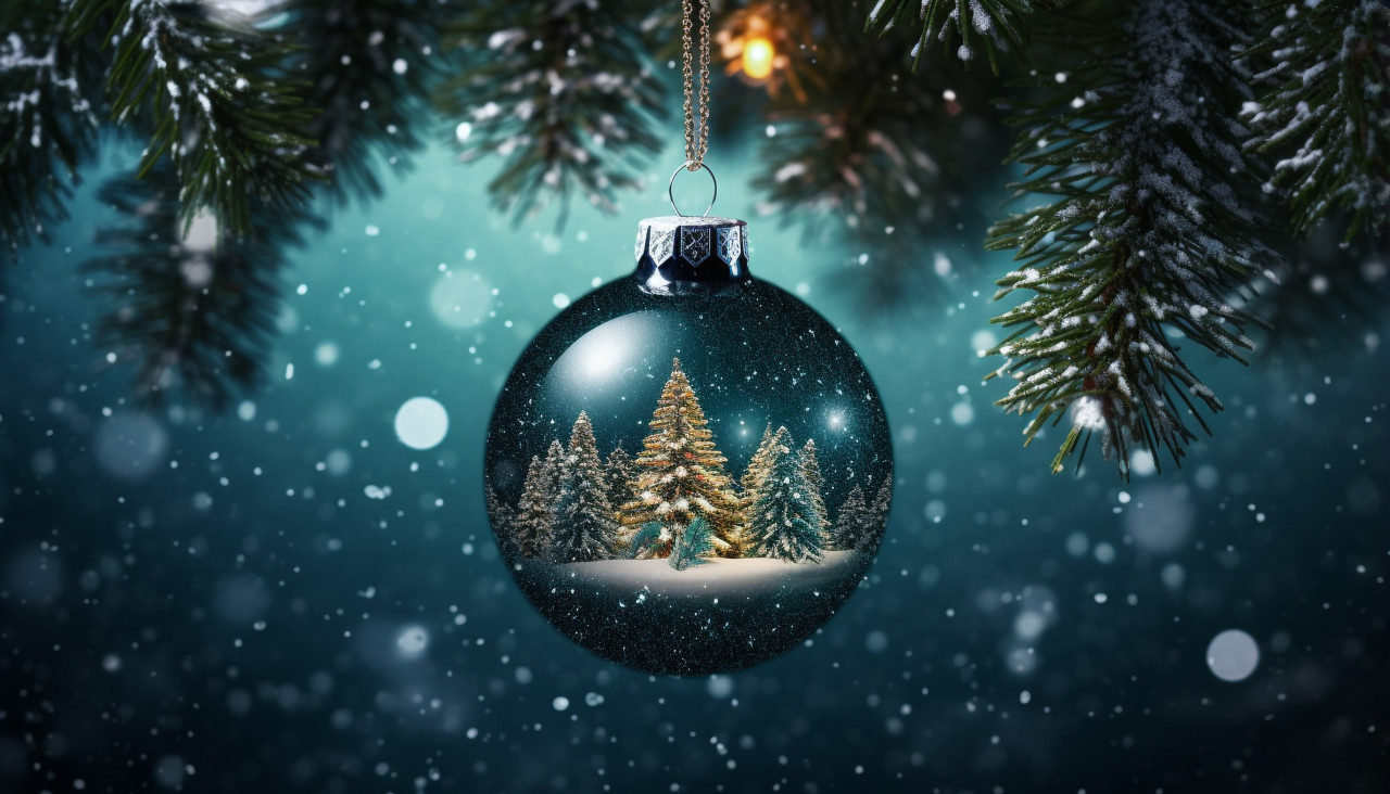 Snowy christmas tree with ornament