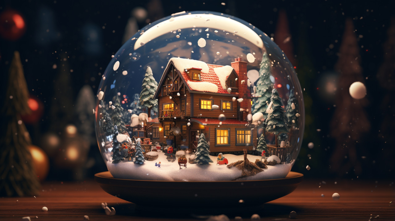 An icy snow globe with little houses inside