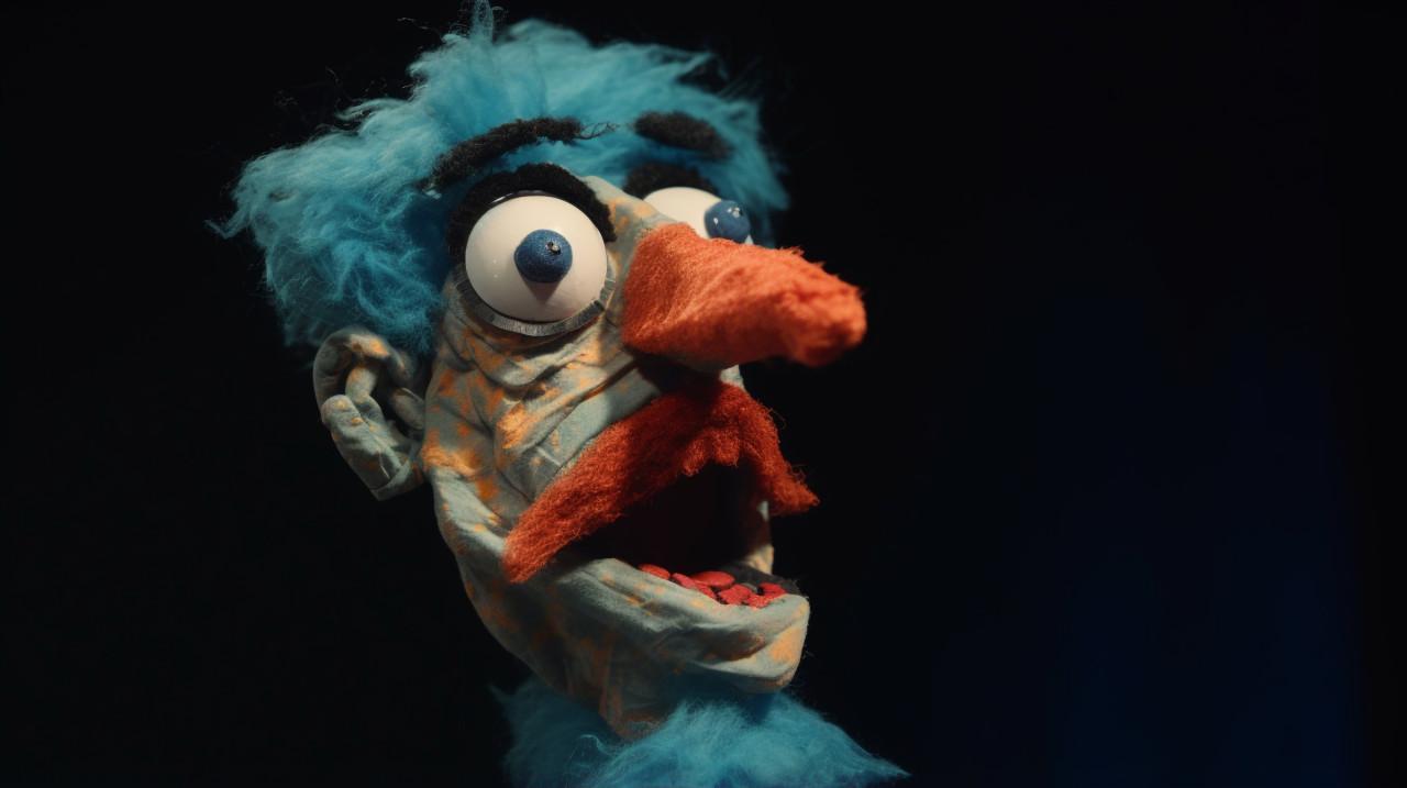 Hand puppet with orange nose and eyebrows