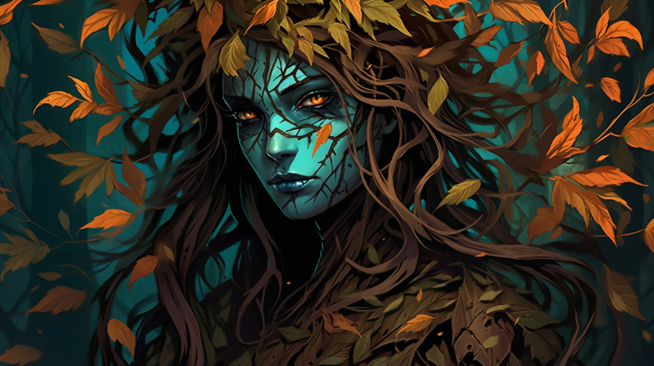 A painting of a woman with leaves