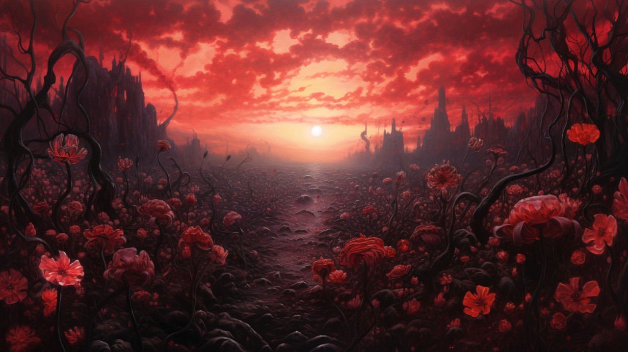 Oil painting of flowers and sunset