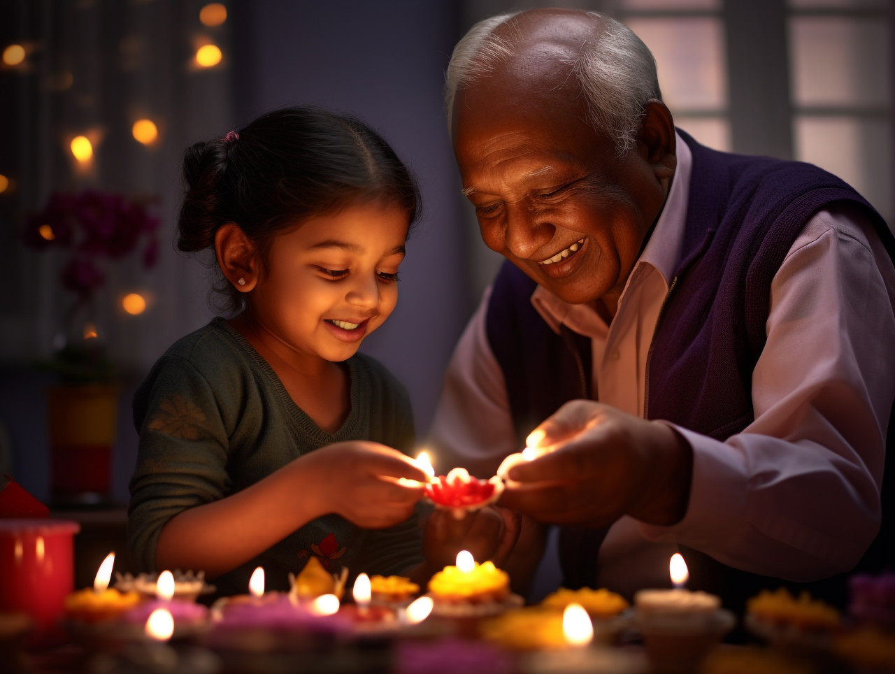 A young person and their older relative are using a small oil lamp to celebrate diwali, family diwali celebration image