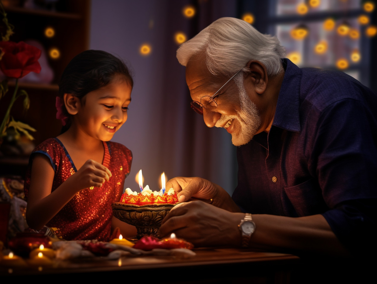 A young person and their older relative are using a small oil lamp to celebrate diwali, family diwali celebration image