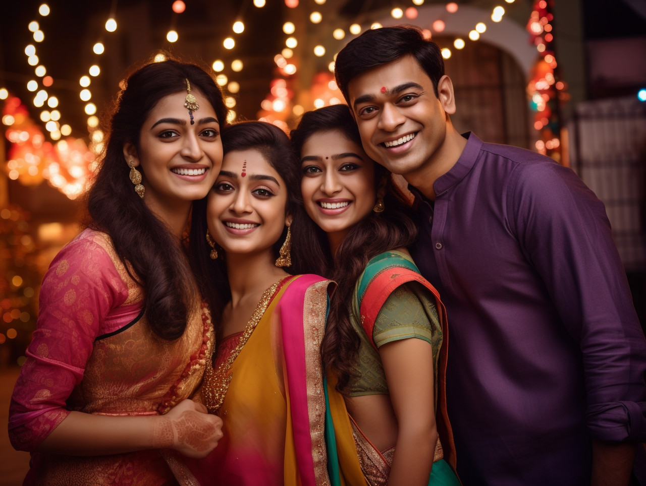 Two indian couples are taking a picture together in front of their house, which is decorated for diwali, family diwali celebration image
