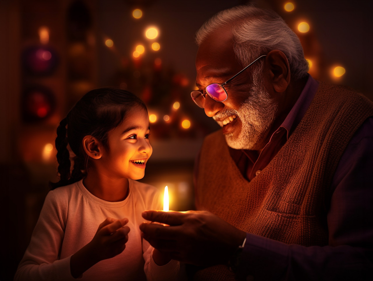 A young person and their older relative are using a small oil lamp to celebrate diwali, family diwali celebration image