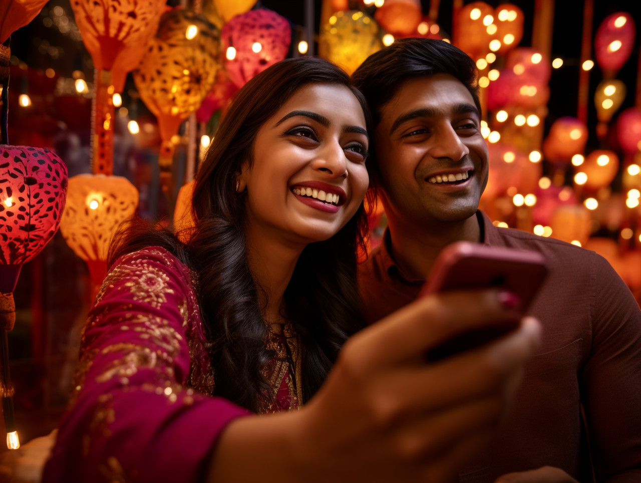 Two people are taking a photo of themselves in front of a diwali decoration, family diwali celebration image