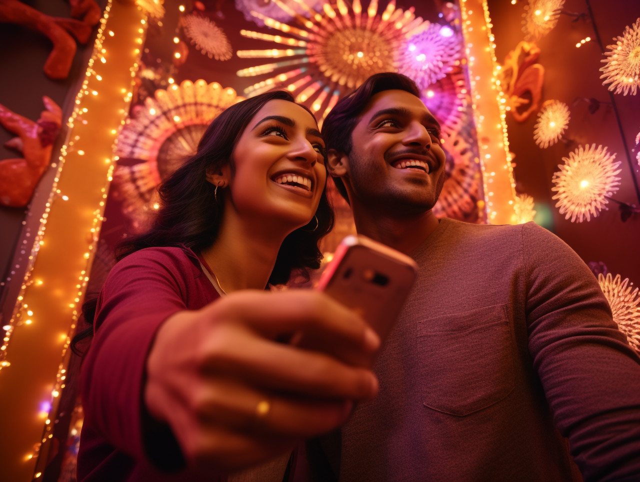 Two people are taking a photo of themselves in front of a diwali decoration, family diwali celebration image