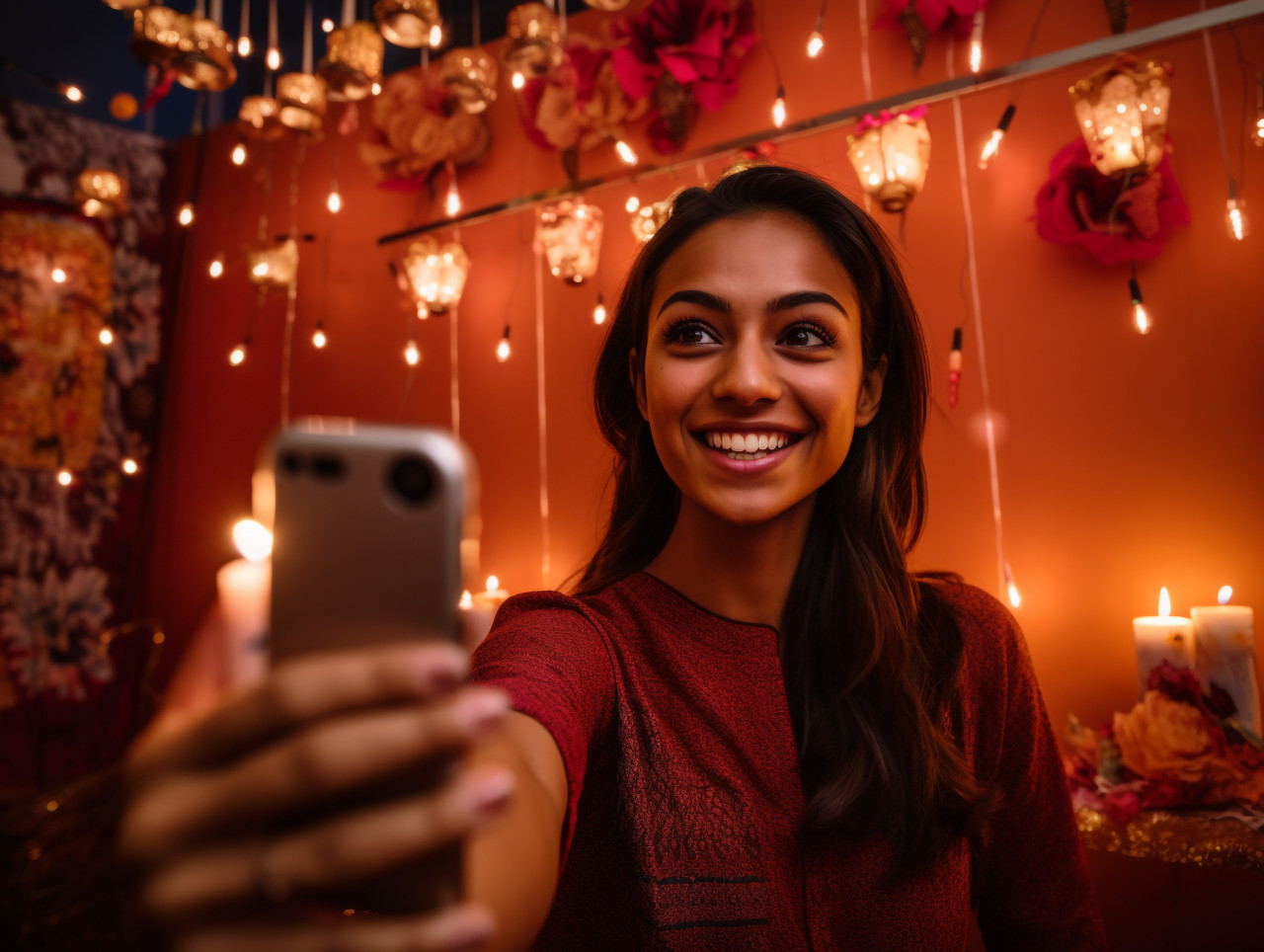 Two people are taking a photo of themselves in front of a diwali decoration, family diwali celebration image