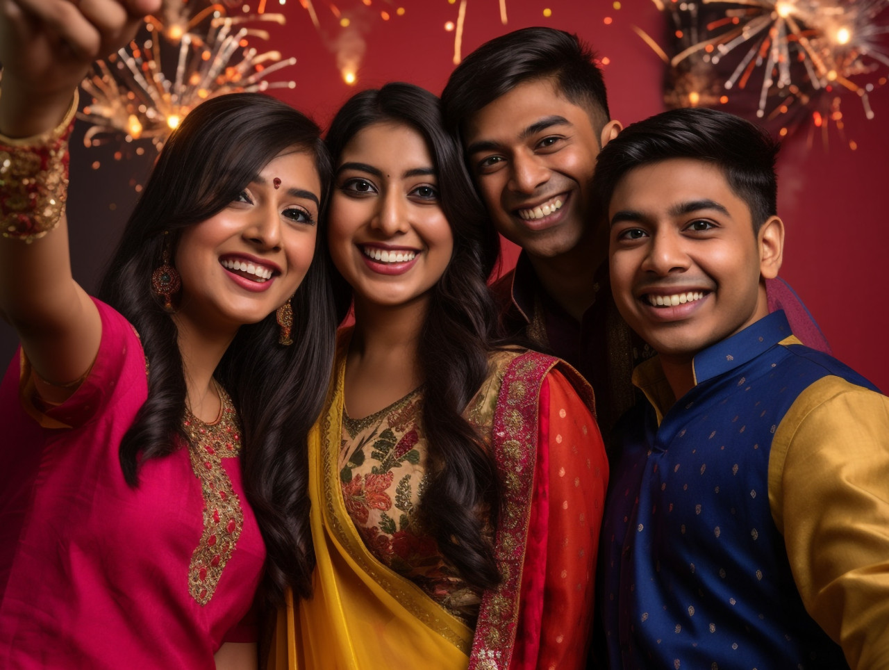 Two indian couples taking a photo of themselves in front of a background decorated for diwali, family diwali celebration image