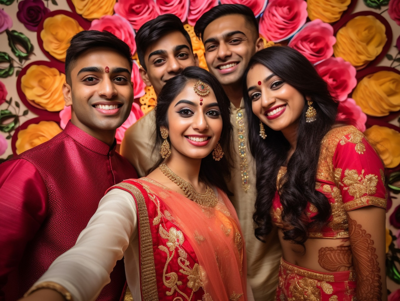 Two indian couples taking a photo of themselves in front of a background decorated for diwali, family diwali celebration image