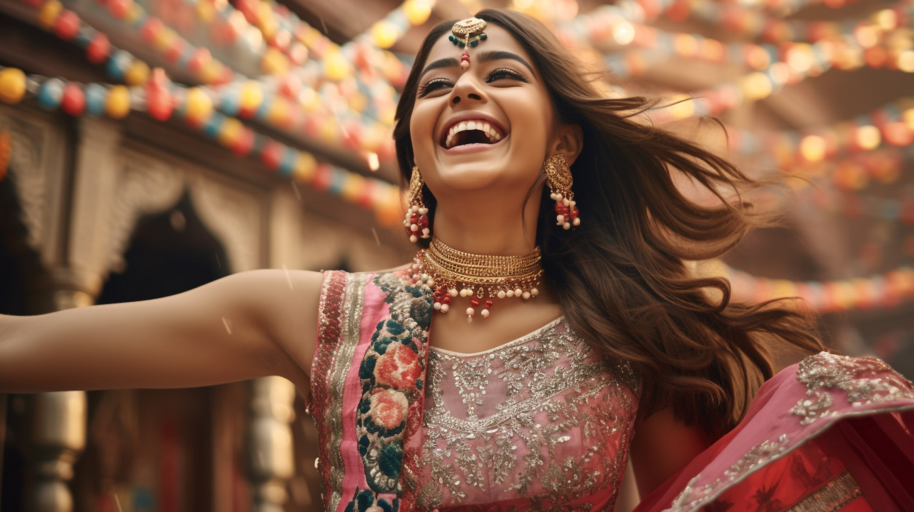 A little girl in a new fancy dress and sparkly accessories was spinning around in front of her mom and dad, happy, family diwali celebration image