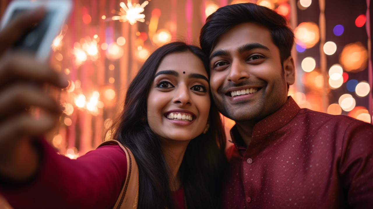 Two indian people are taking a photo of themselves together in front of a diwali celebration, family diwali celebration image