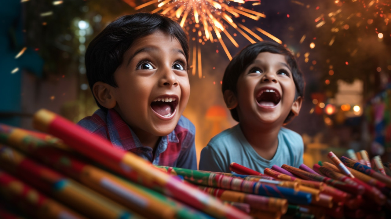 Children exploding firecrackers outside, family diwali celebration image