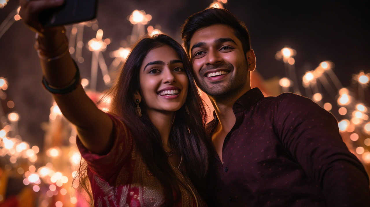 Two indian people are taking a photo of themselves together in front of a diwali celebration, family diwali celebration image