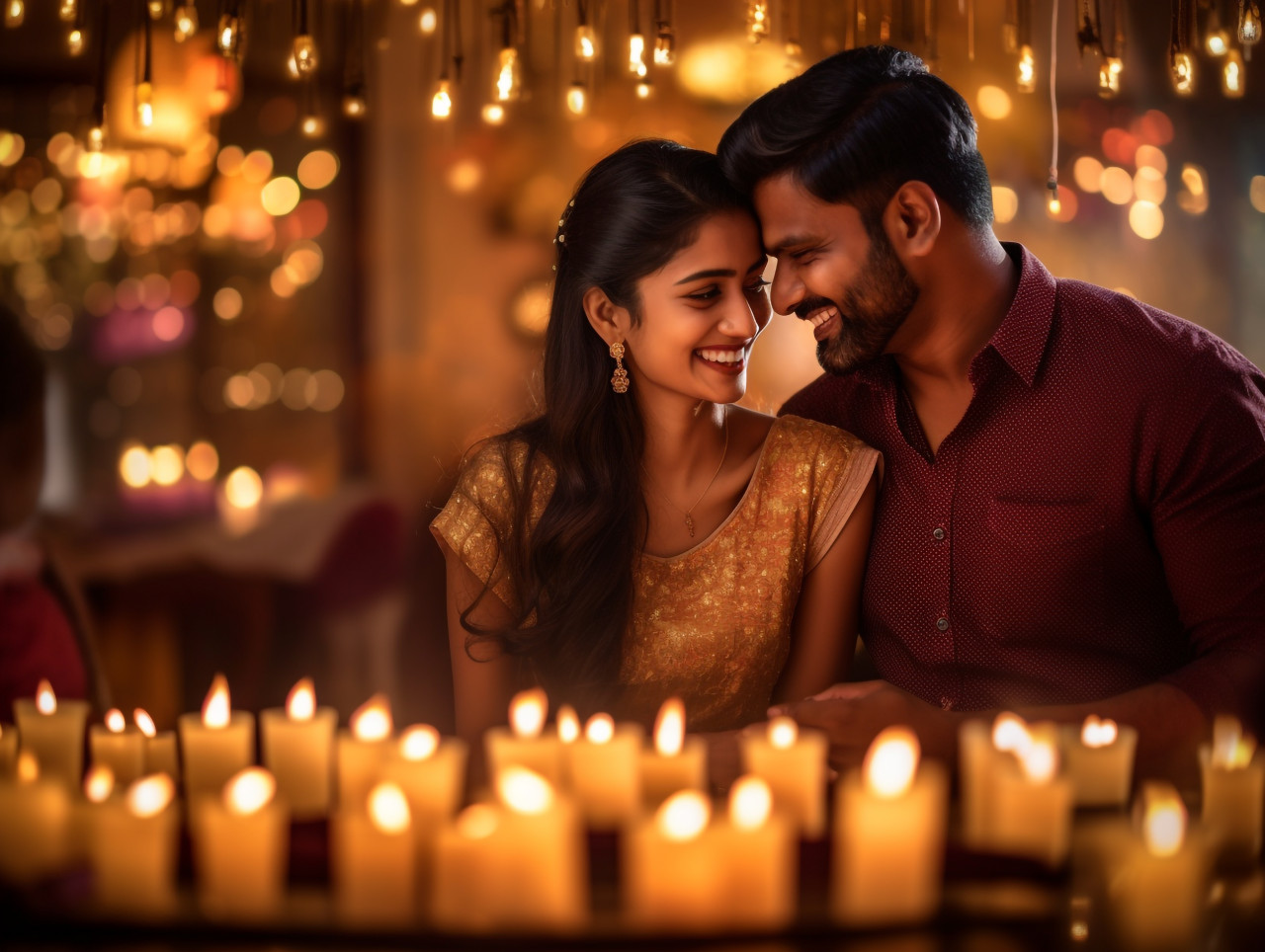 Indian couples are having a romantic moment under a sparkling diwali light fixture, family diwali celebration image