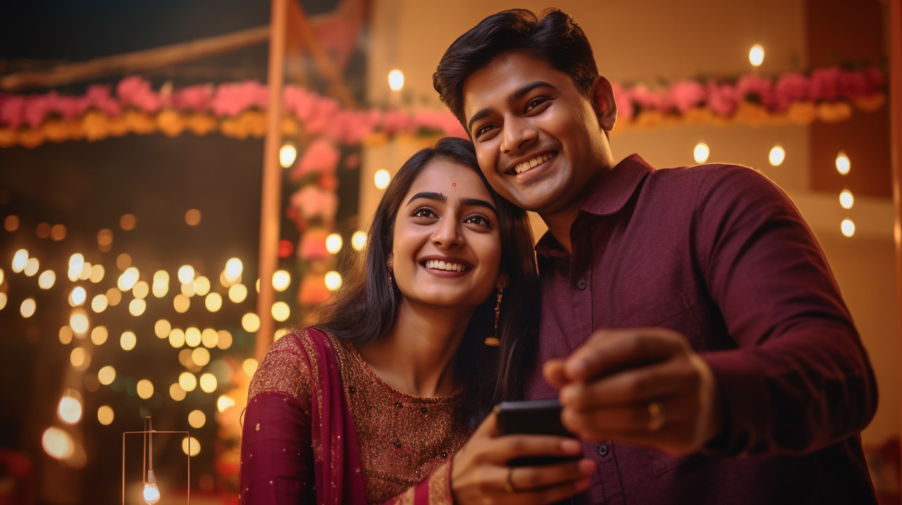 Two indian people are taking a photo of themselves together in front of a diwali celebration, family diwali celebration image