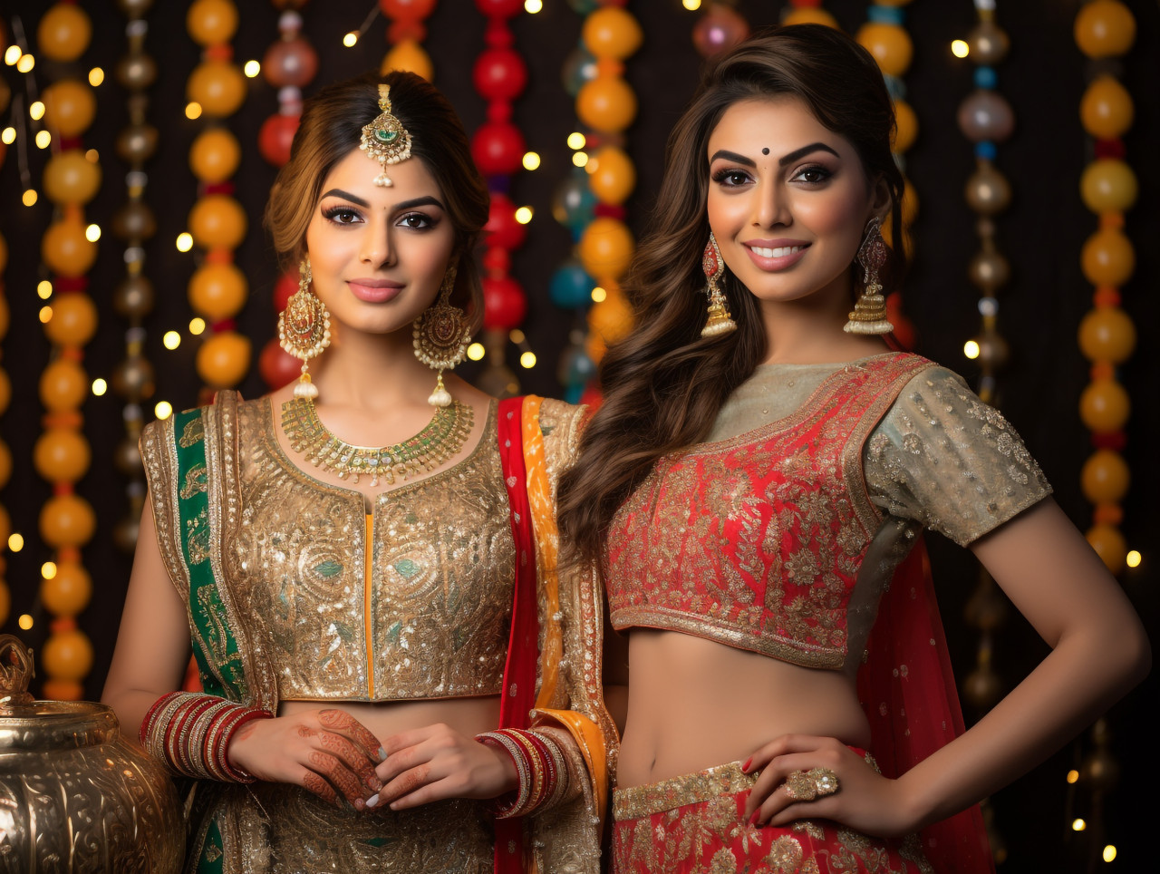 A man and woman wearing indian clothes are taking a picture in front of a diwali background, family diwali celebration image