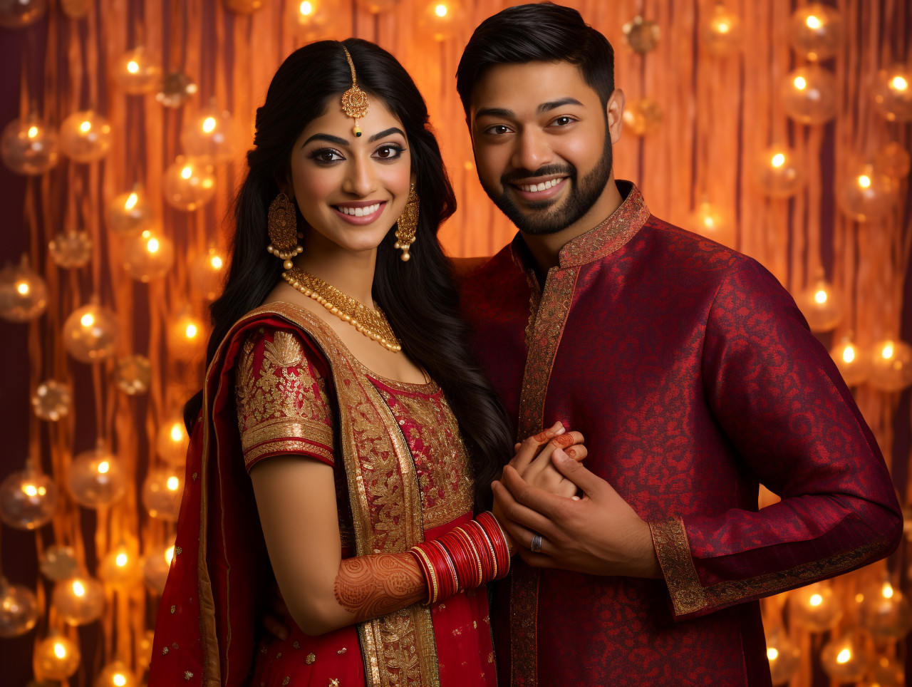 A man and woman wearing indian clothes are taking a picture in front of a diwali background, family diwali celebration image