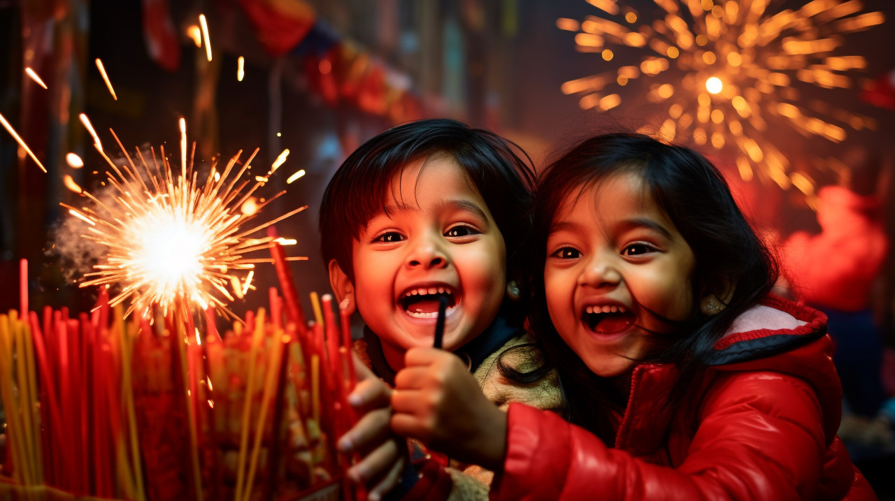 Children exploding firecrackers outside, family diwali celebration image