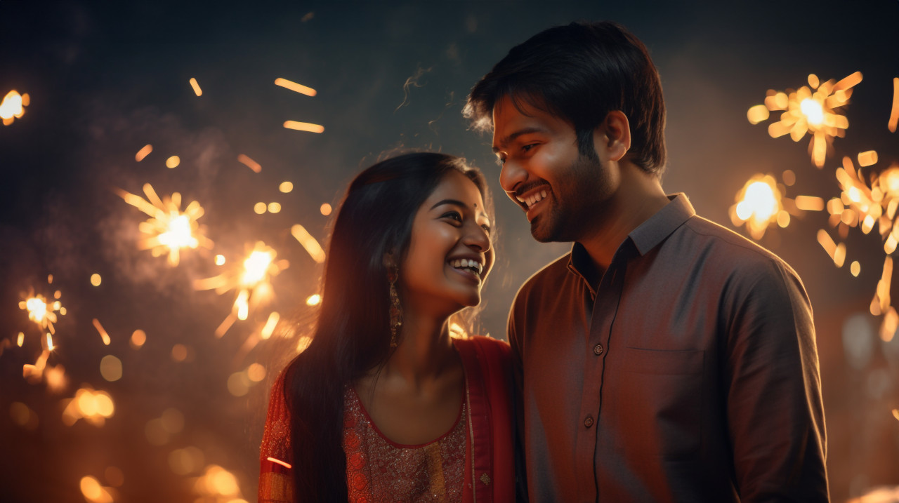 A happy indian couple enjoys the simple pleasures of diwali, family diwali celebration image