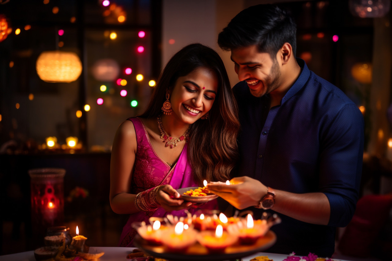 A picture of two people enjoying diwali and looking very happy, family diwali celebration image