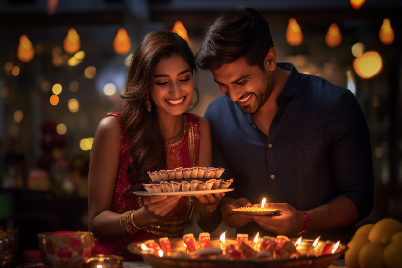 A picture of two people enjoying diwali and looking very happy, family diwali celebration image