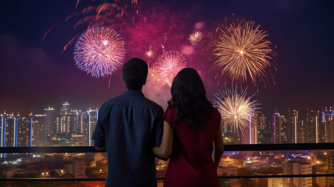 Two indian people are lighting fireworks on diwali, with the city in the distance, family diwali celebration image