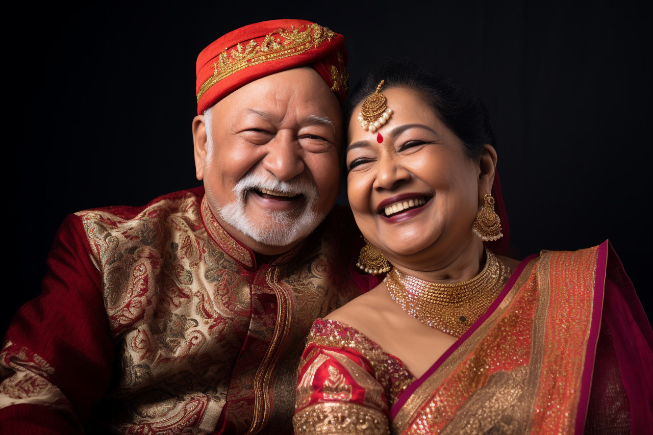 A picture of an old indian couple who are happy and wearing traditional clothes, family diwali celebration image
