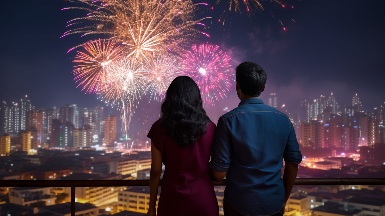 Two indian people are lighting fireworks on diwali, with the city in the distance, family diwali celebration image