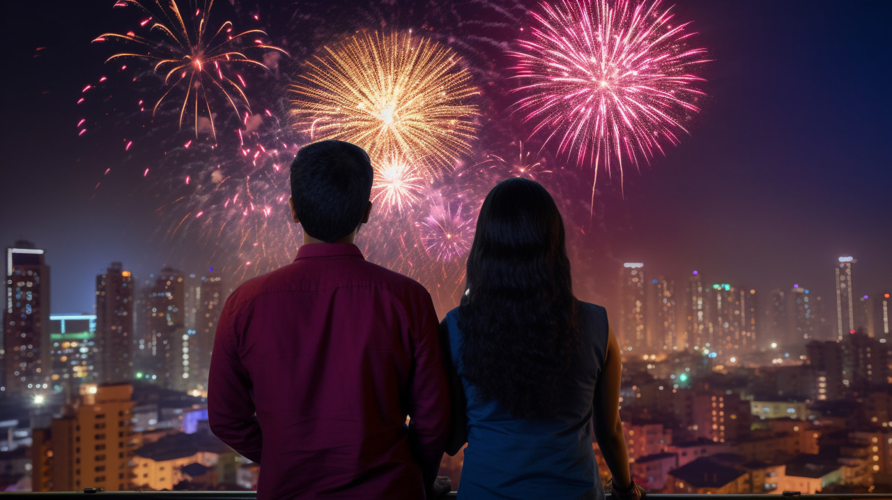 Two indian people are lighting fireworks on diwali, with the city in the distance, family diwali celebration image