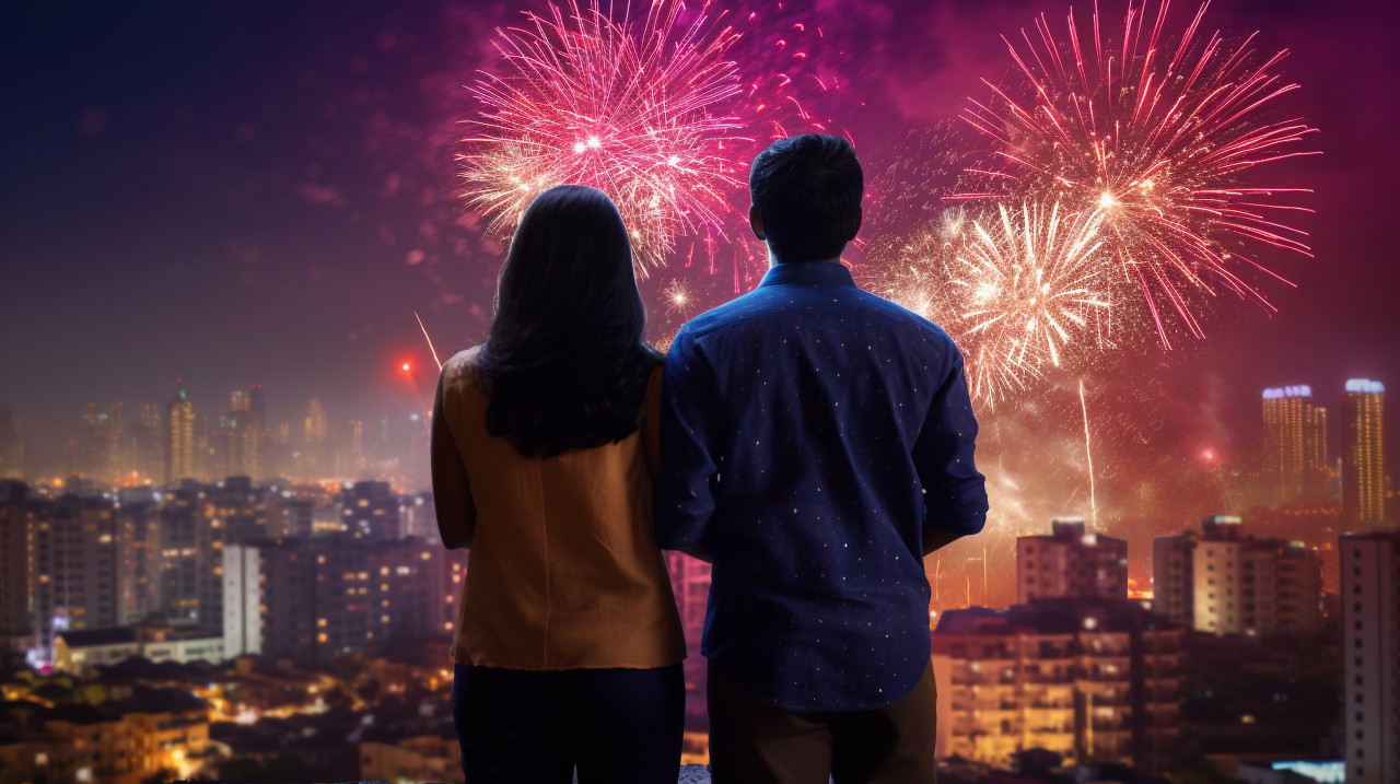Two indian people are lighting fireworks on diwali, with the city in the distance, family diwali celebration image