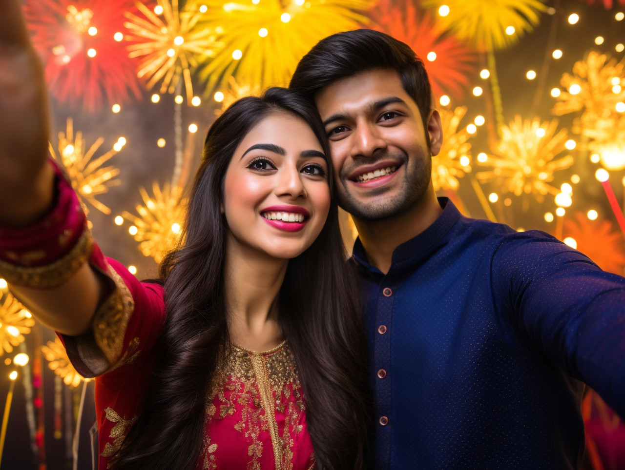Indian couples taking a photo of themselves in front of a backdrop that celebrates diwali, family diwali celebration image