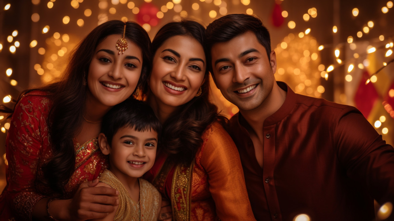 A family dressed up in their best clothes for diwali, taking a picture together, family diwali celebration image