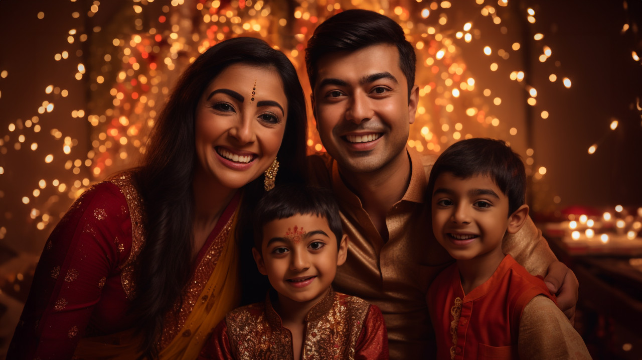 A family dressed up in their best clothes for diwali, taking a picture together, family diwali celebration image