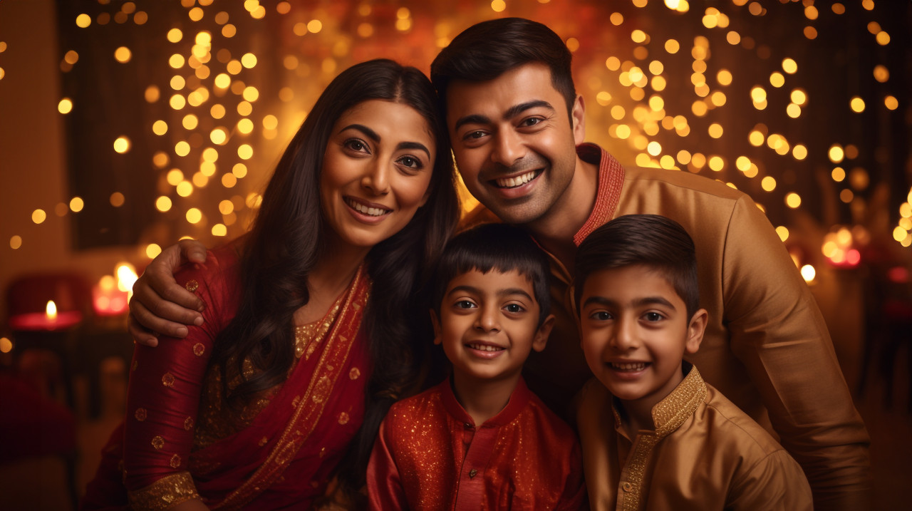 A family dressed up in their best clothes for diwali, taking a picture together, family diwali celebration image