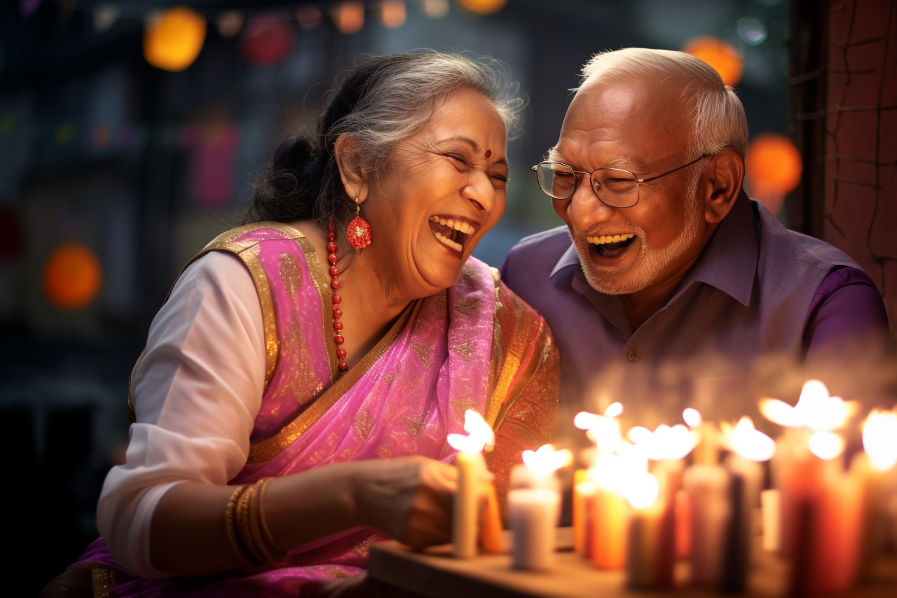 A picture of an old couple having a lot of fun celebrating diwali, family diwali celebration image